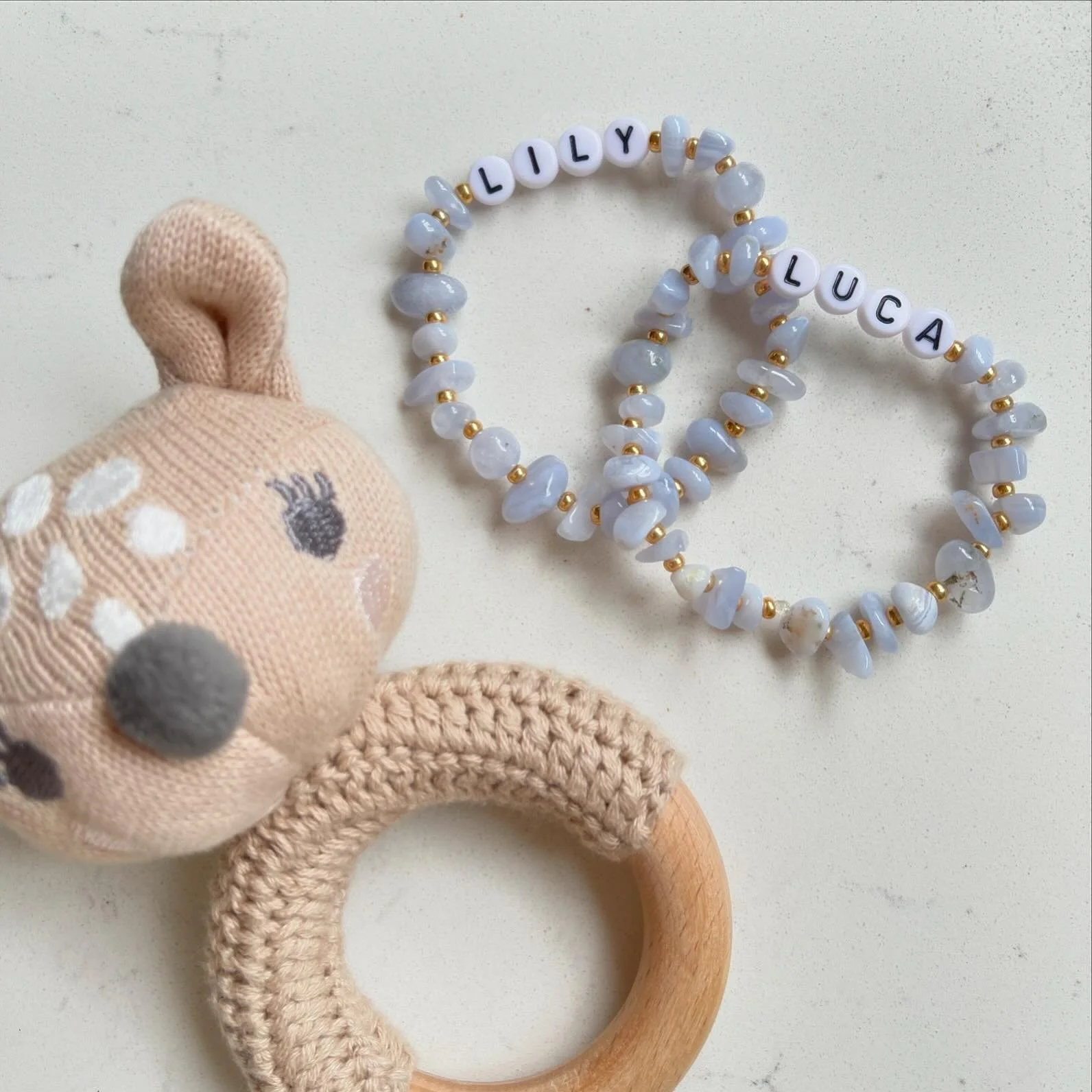 Two new sweet bracelets 🩵 🩵

Blue lace agate is one of my favourite stones. So pretty and soft, a perfect choice for bracelets with your baby&rsquo;s names on. 

And with it being a support crystal for caregivers it&rsquo;s a great gift for all mam
