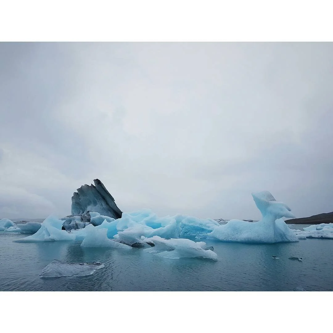 Icelandic icebergs floating in a cold, icy body of water under a cloudy sky.