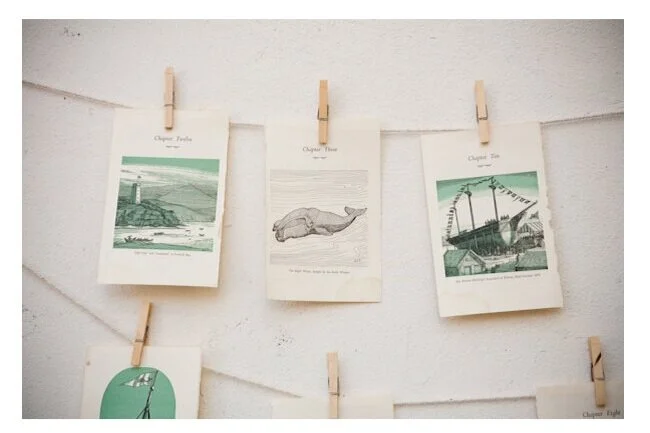 Three vintage postcards hanging on a string with clothespins, attached to a white wall.