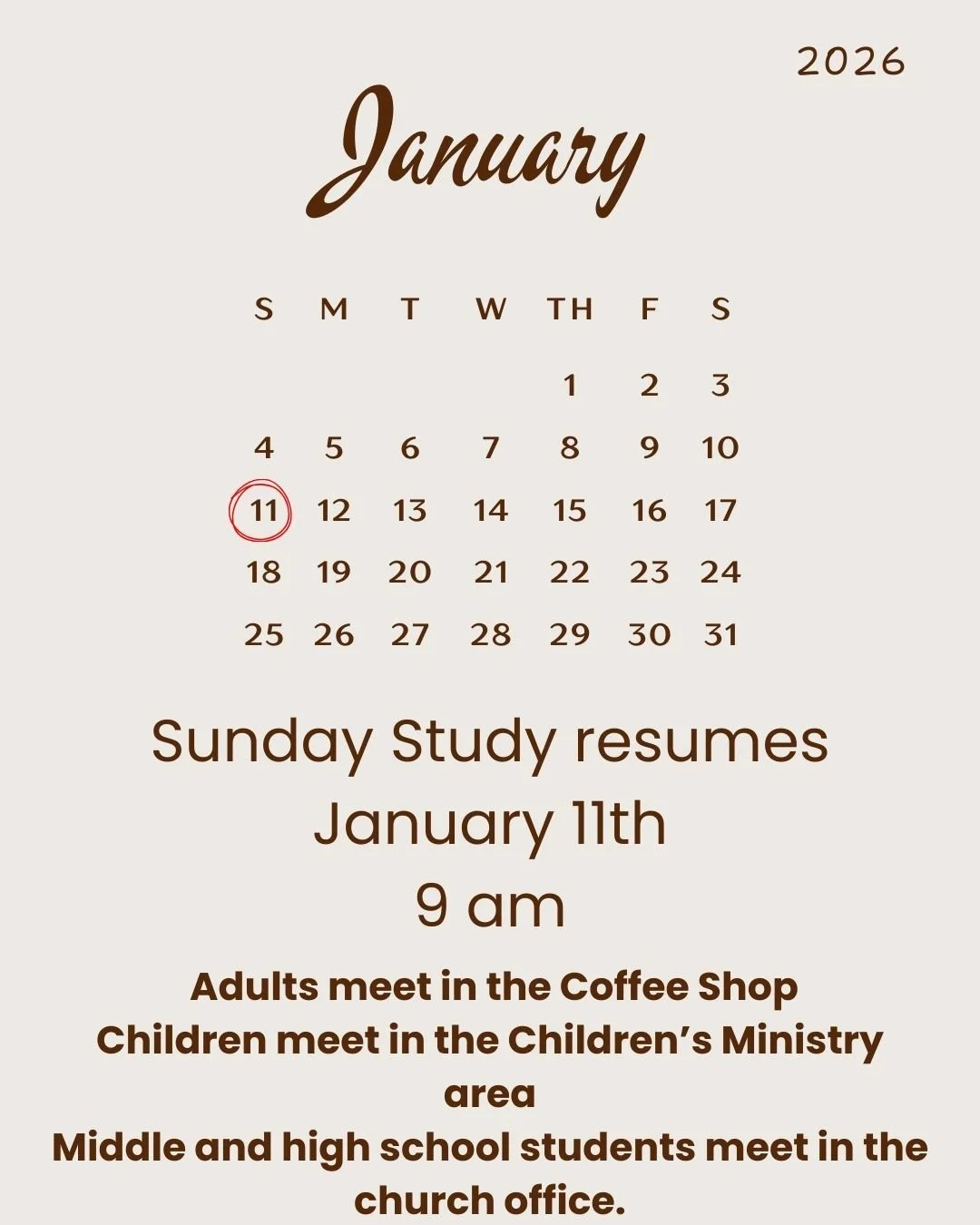 We look forward to growing in God's word together.
Notice location changes for this month!