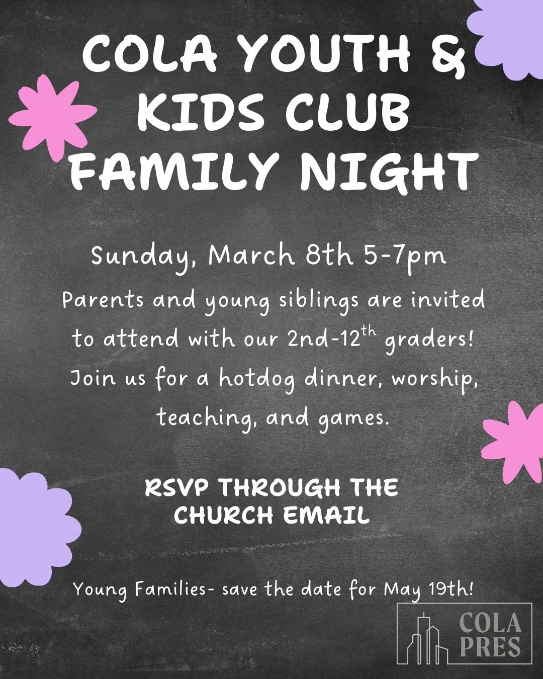 Spring Family Night is coming up! Make sure to RSVP through the church email!