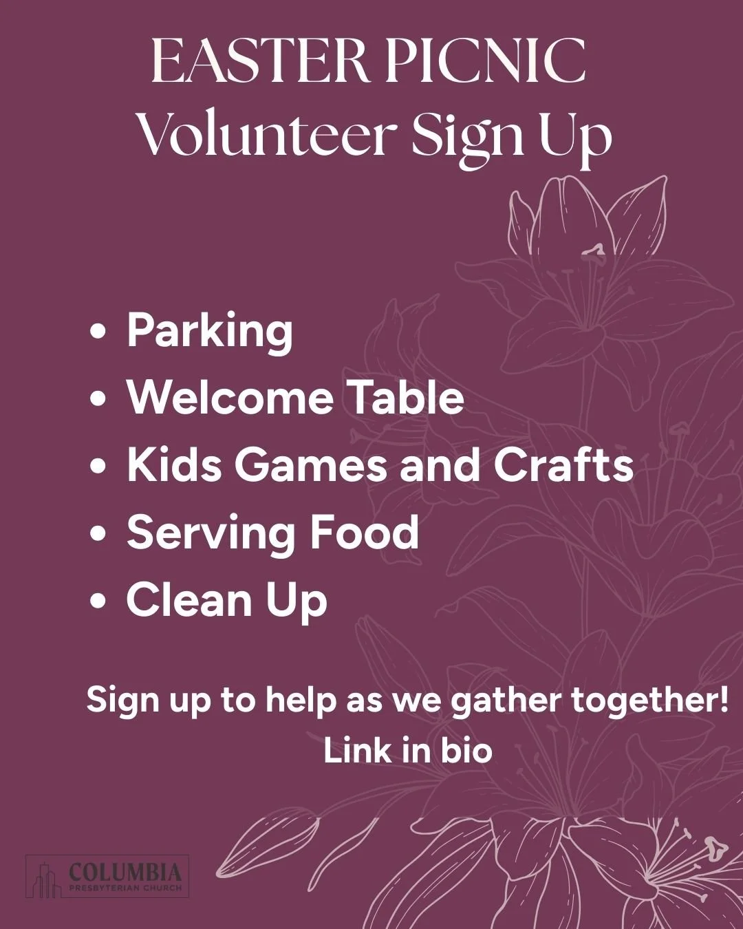 Our Easter Picnic is April 4th! Interested in volunteering for a time slot during the picnic? Check out the link in bio or sign up Sunday Morning!