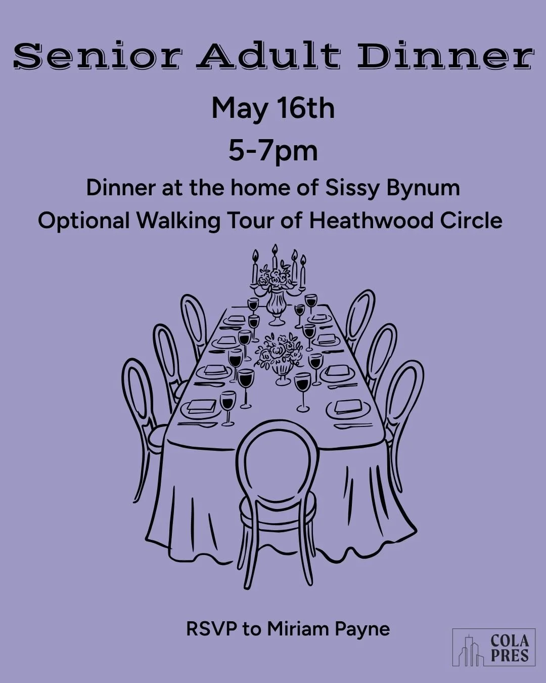 Old in years, but young at heart? Join our Seniors for dinner and an optional walking tour on May 16th. Reach out to Miriam Payne to RSVP