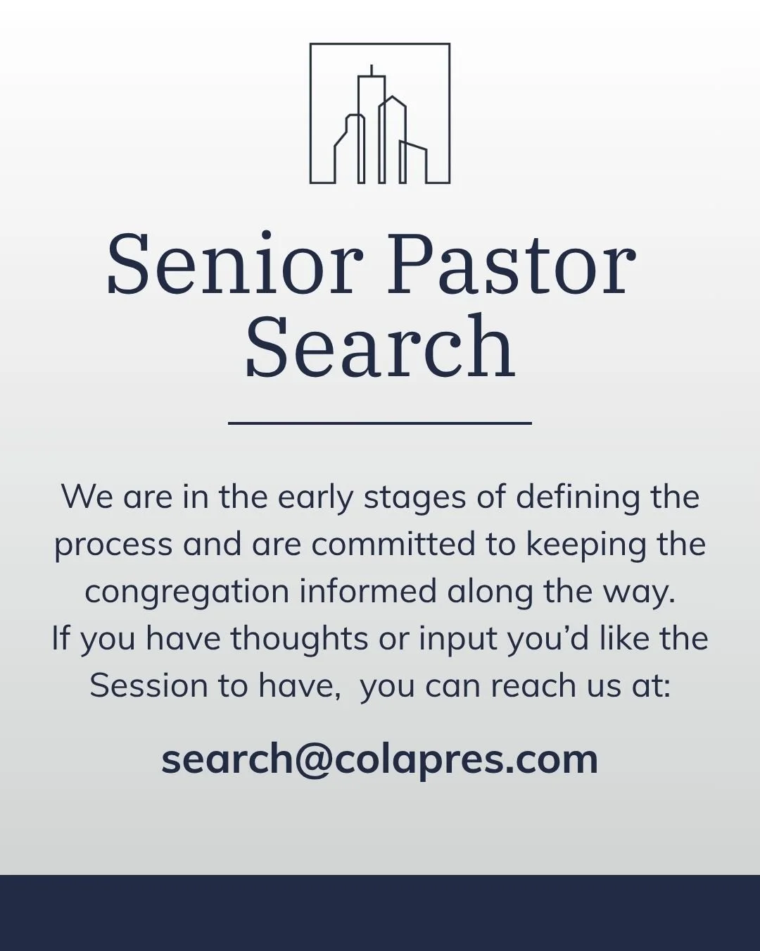 As we announced this past Sunday, Cola Pres has begun the process of searching for a Senior Pastor. We are in the early stages of defining that process, and we are committed to keeping the congregation informed along the way. If you have thoughts or 