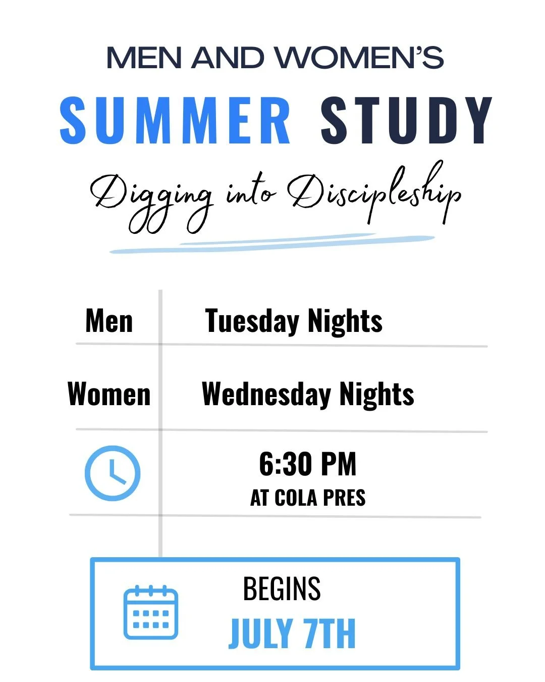 Our Summer Study will run through the month of July. We look forward to spending time looking at biblical discipleship.  Men begin on July 7th and Women begin on July 8th.