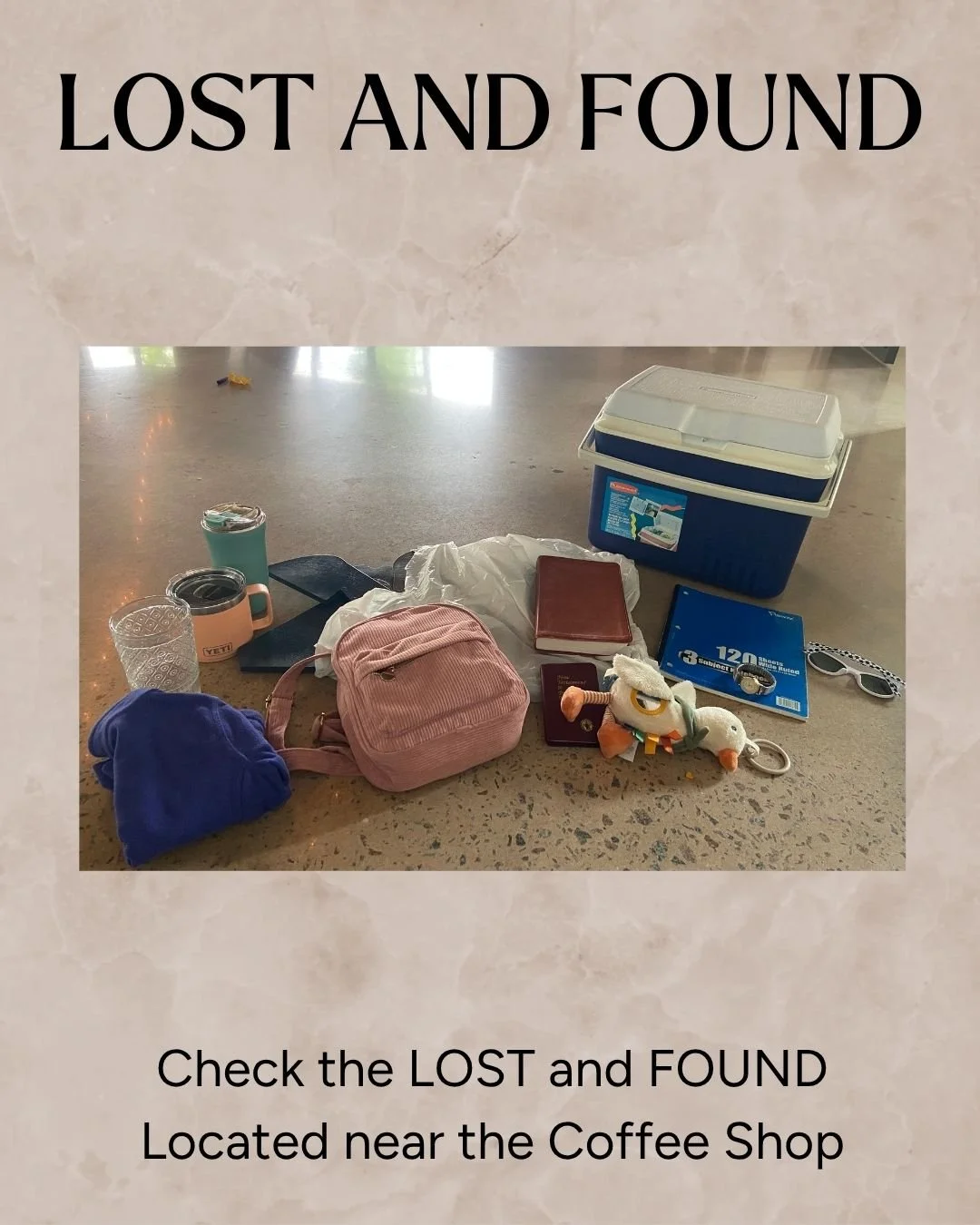 Our lost and found is overflowing with treasures. Take a peak on Sunday and grab your goods!