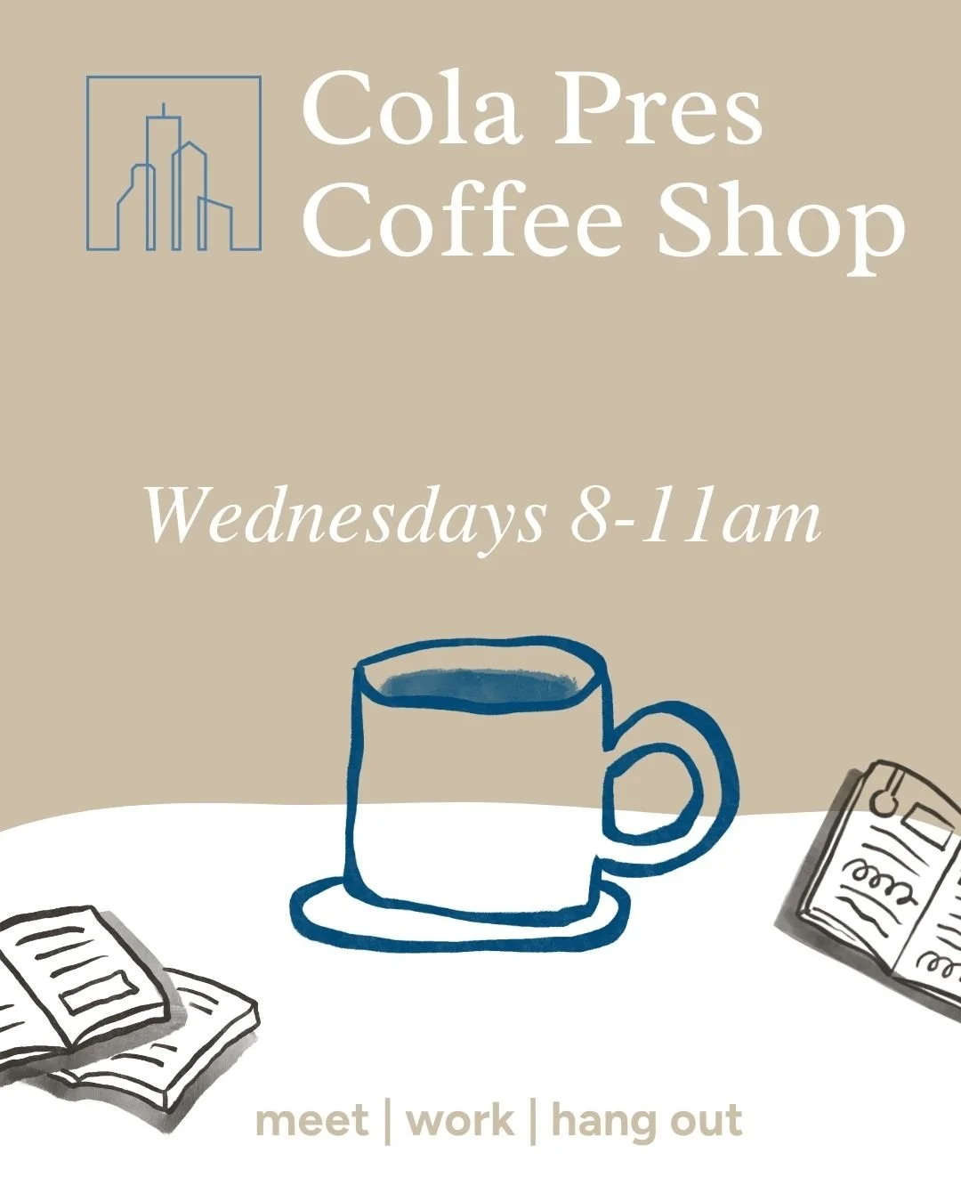 Our coffee shop is still 'open'! Come Wednesday mornings and enjoy a cup of coffee while you work, meet, and hang out.