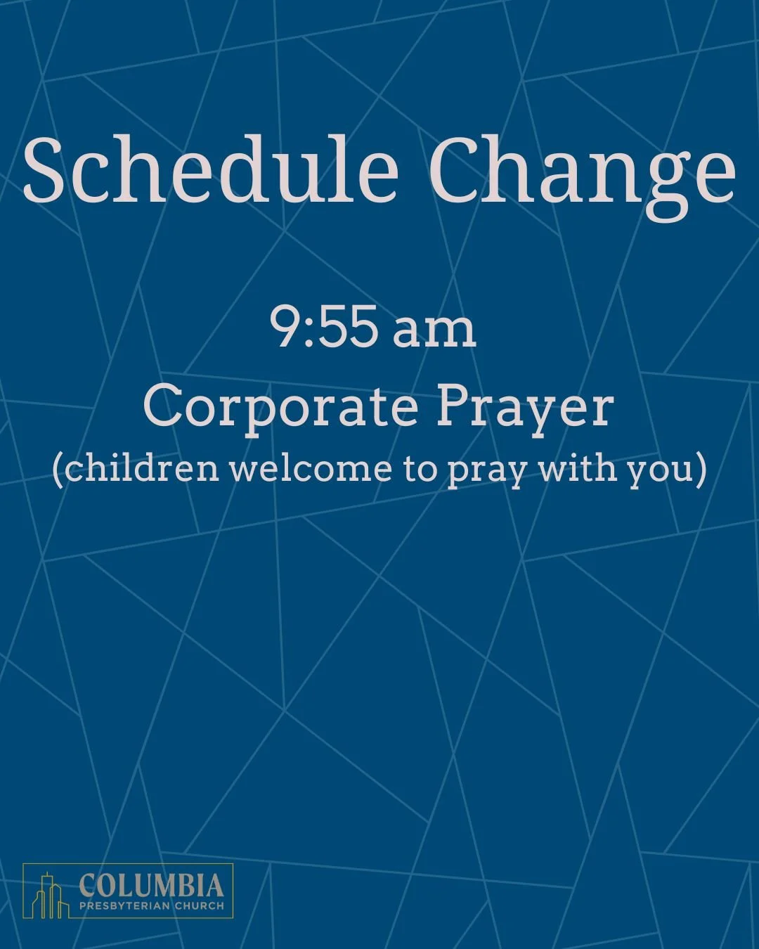 We are adjusting our Sunday Morning schedule ever so slightly! Prayer will happen between Sunday Study and the service. Please join us in the annex!