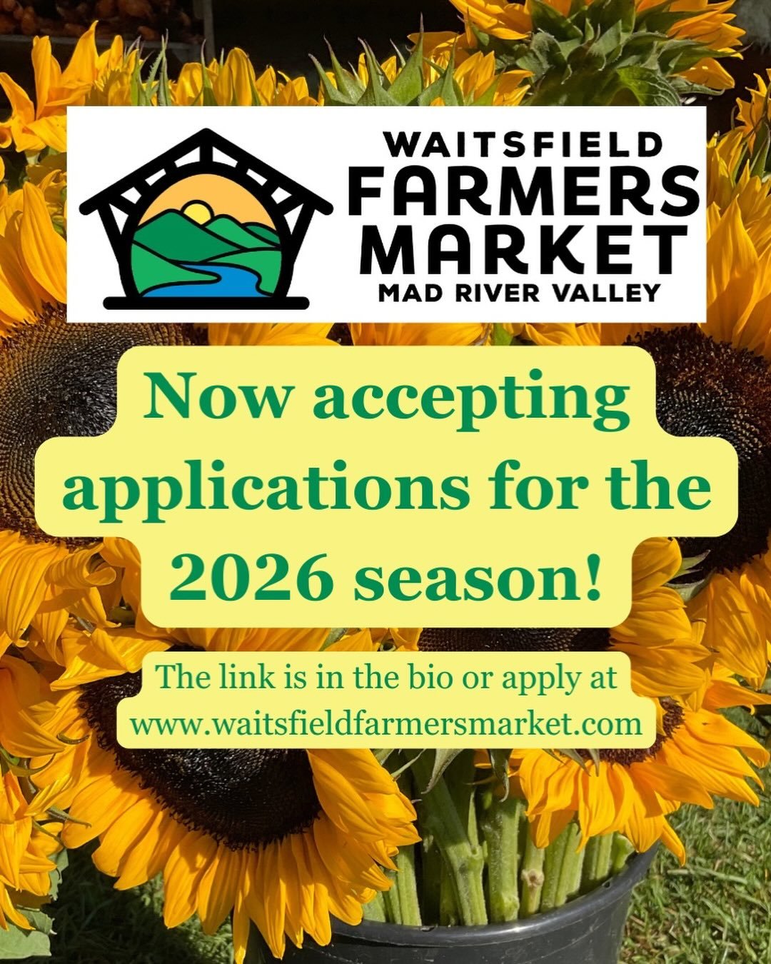 🌻Now accepting applications for the 2026 Summer season!🌻

Here&rsquo;s how to apply:

🔗Link in the bio

💻Online at www.waitsfieldfarmersmarket.com

🗓️Deadline to apply is March 1st

🤔Any questions? Email ~ waitsfieldmarketmanager@gmail.com

Ple