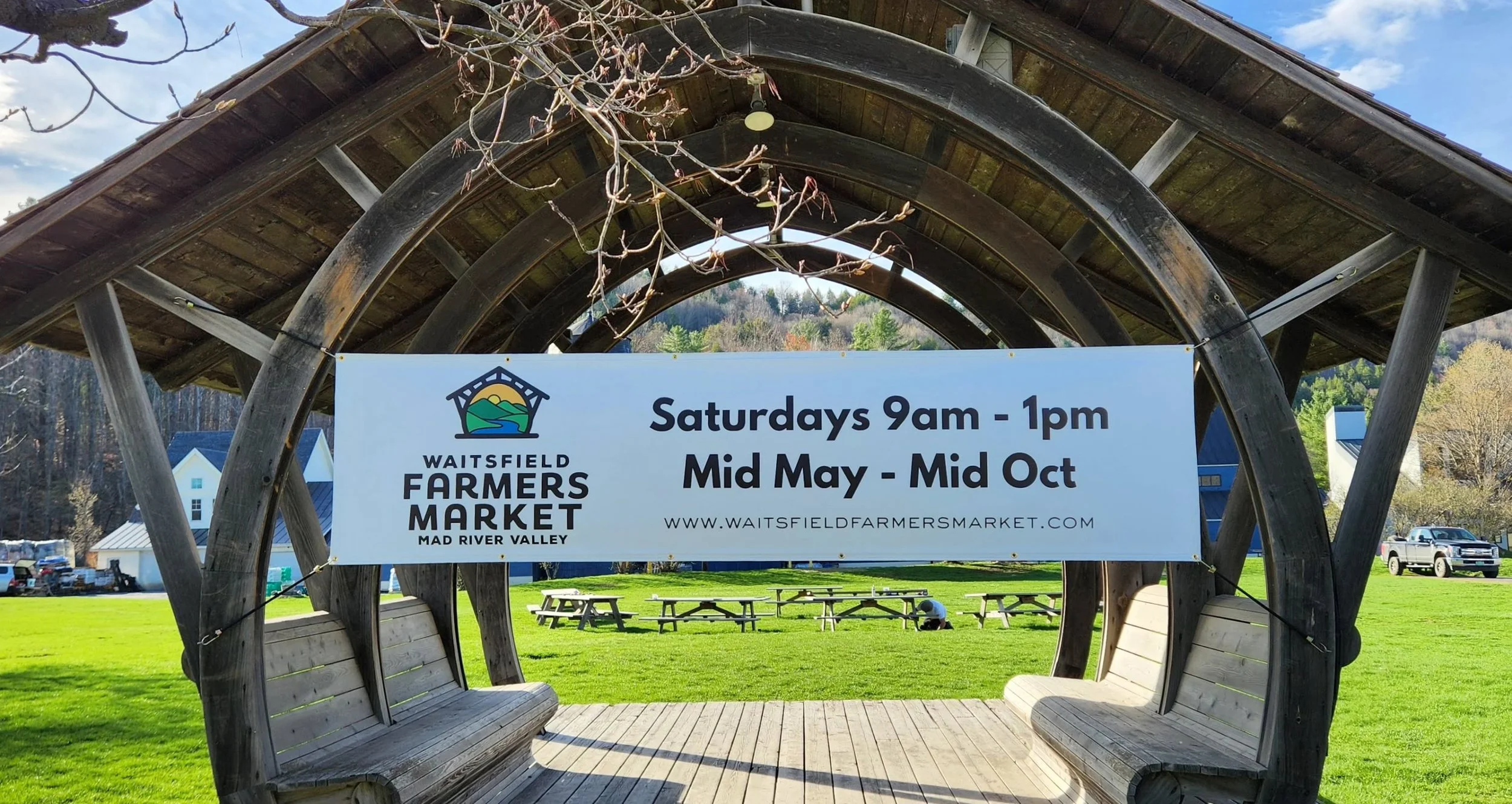 NEW sign, new season! Yesterday was a gorgeous day @waitsfieldfarmersmarket. The banner is hung, the spots are marked, the picnic benches secured and the field tidied up after a long winter of snow, ice, sand and gravel. We are all looking forward to