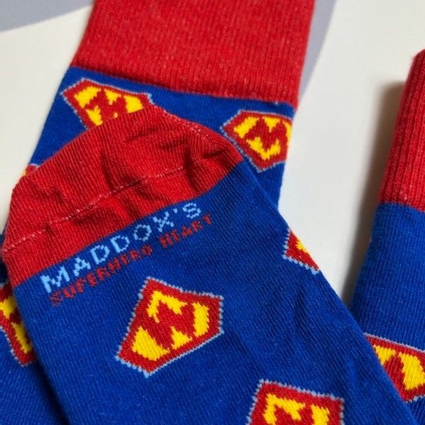 Maddox's Superhero Heart Socks for CHD
