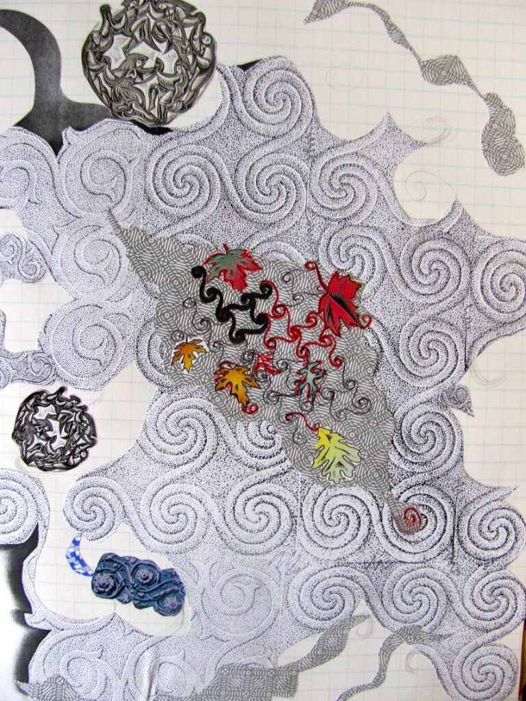 Collage, cut paper and ink drawing, Indianapolis, 1990s.