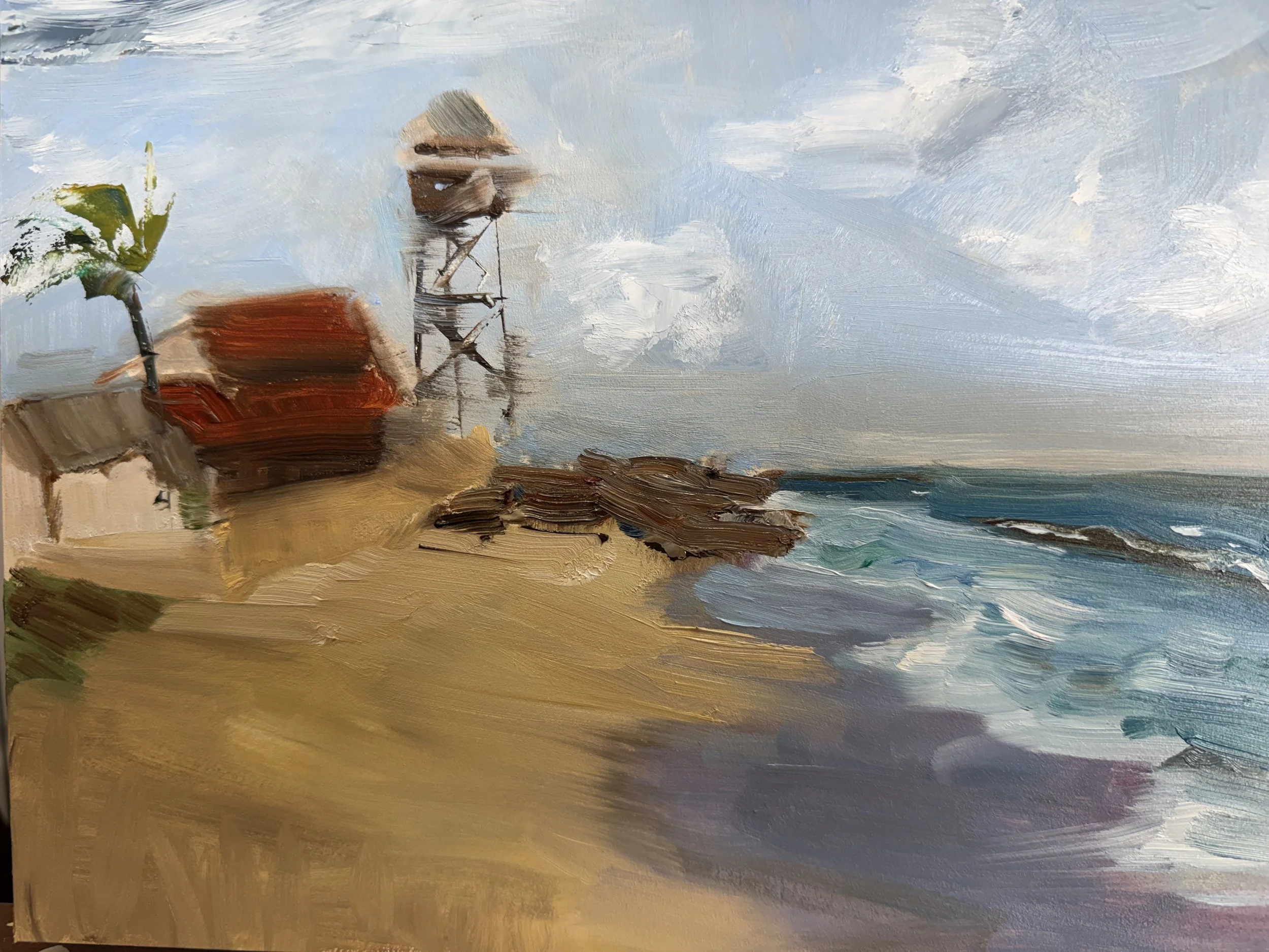 Impressionistic painting of a seaside scene with a lighthouse on stilts, a boat, and a sandy shore.