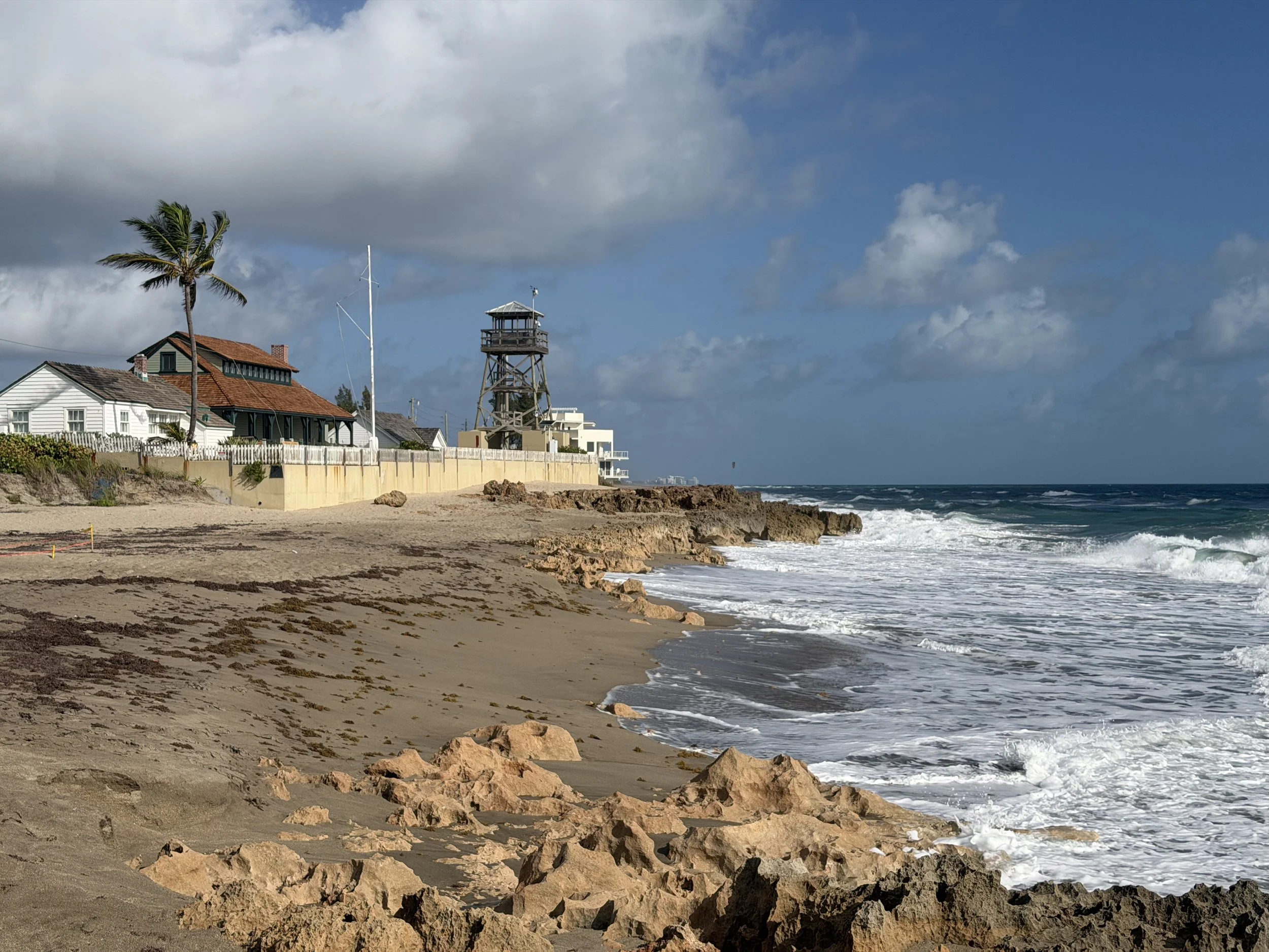 Beach with sandy shore, rocks, ocean waves, a tall palm tree, houses, and a wooden lifeguard tower under a partly cloudy sky.