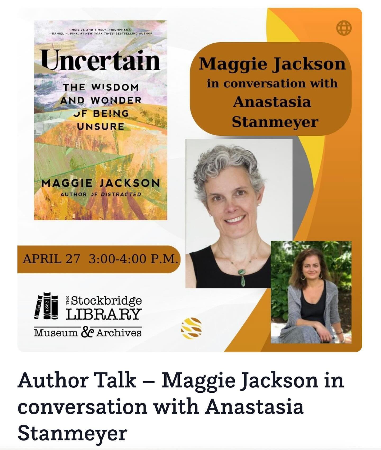 Today at 3! Editor-in-Chief Anastasia Stanmeyer talks with book author Maggie Jackson at the Stockbridge Library. Stop by to listen in!