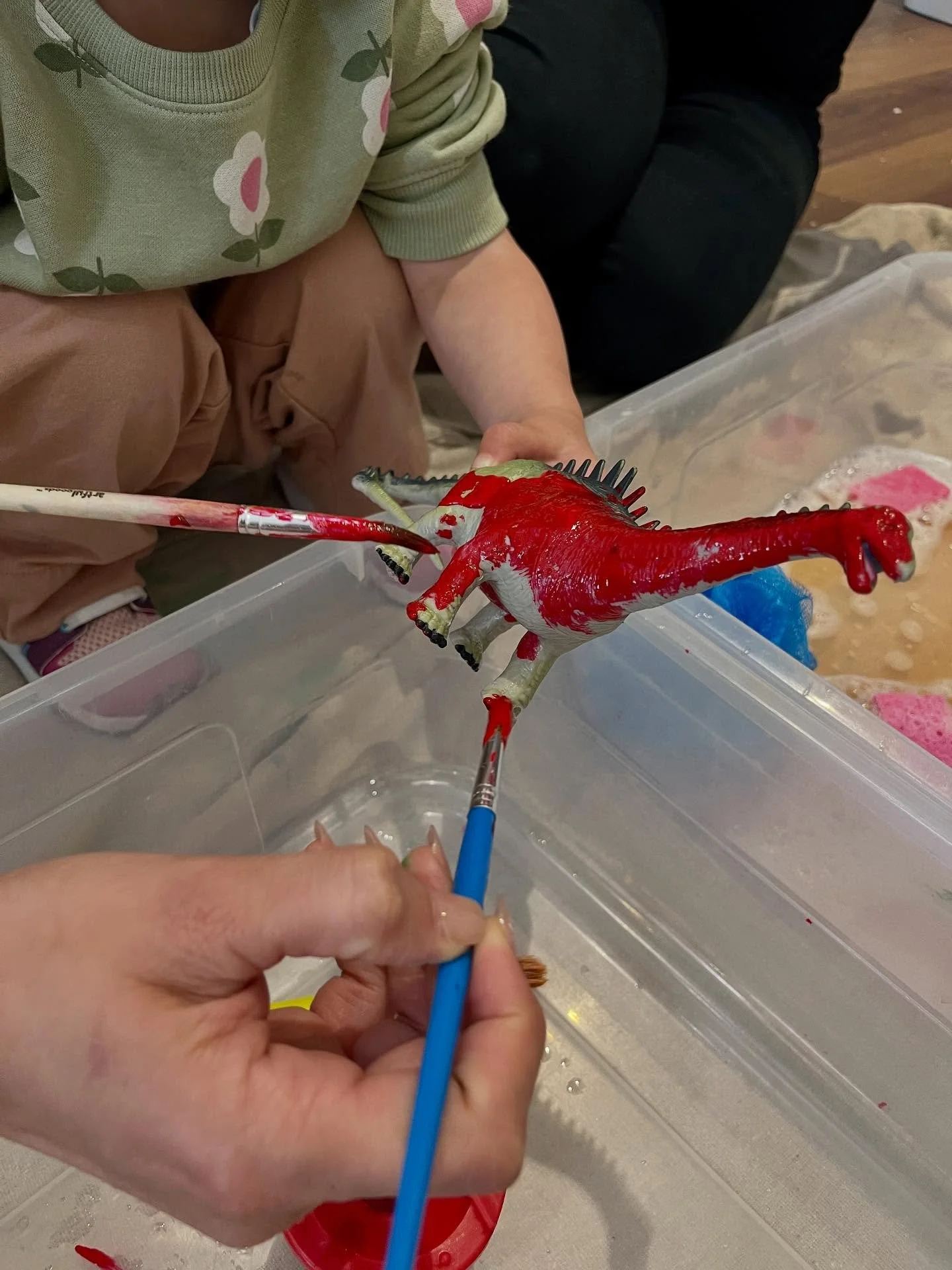 Dinosaur week in our Sensory Fun classes (18 months - 5 years) was a roaring good time! We painted and washed dinosaurs, used play dough and loose parts to make party outfits and birthday cake for dinosaurs, and engaged in imaginative play in our sen