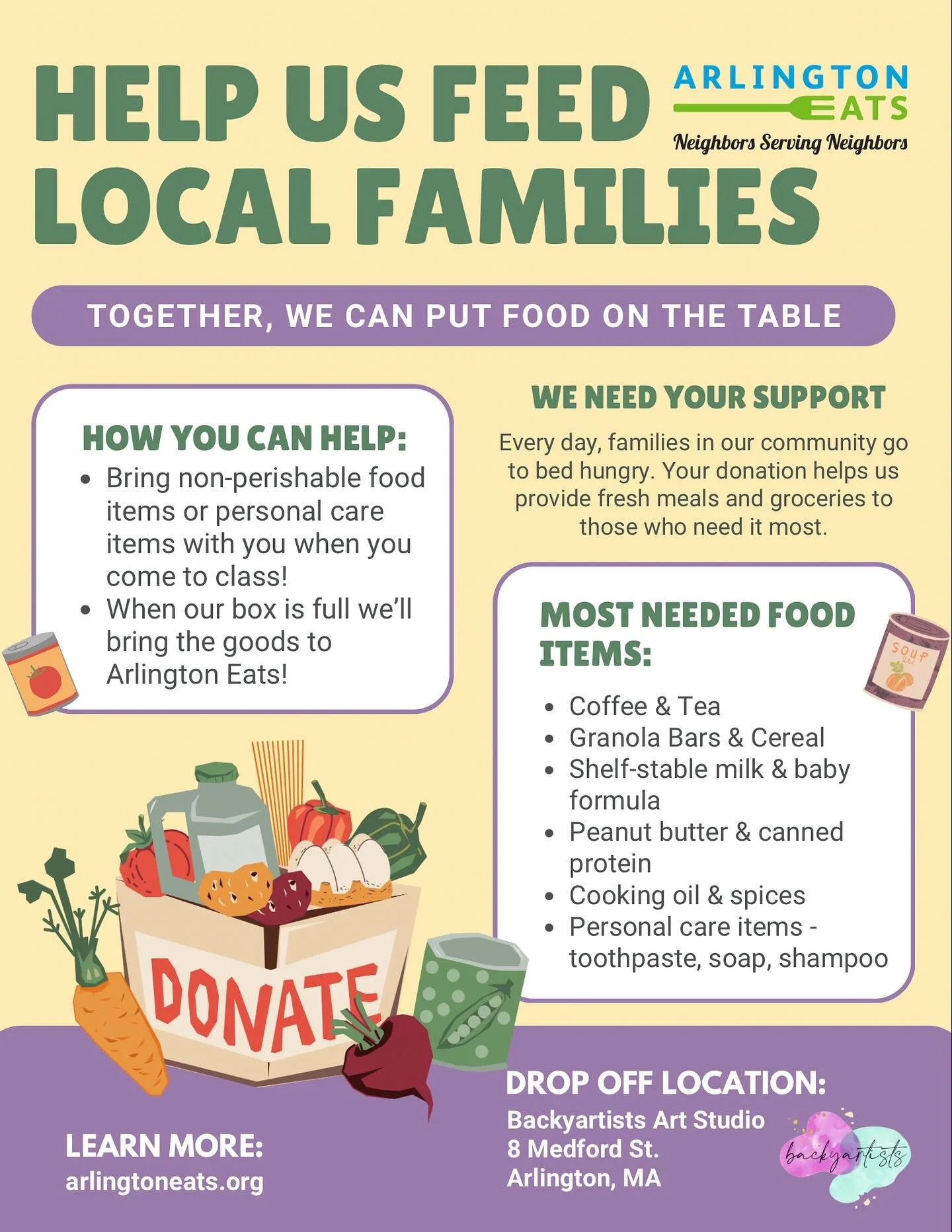 Please join us in supporting local families who are facing food insecurity.  When you come to class, starting next week on Tuesday, November 4th, bring along non-perishable food and personal care items to donate.  When our box is full we&rsquo;ll bri