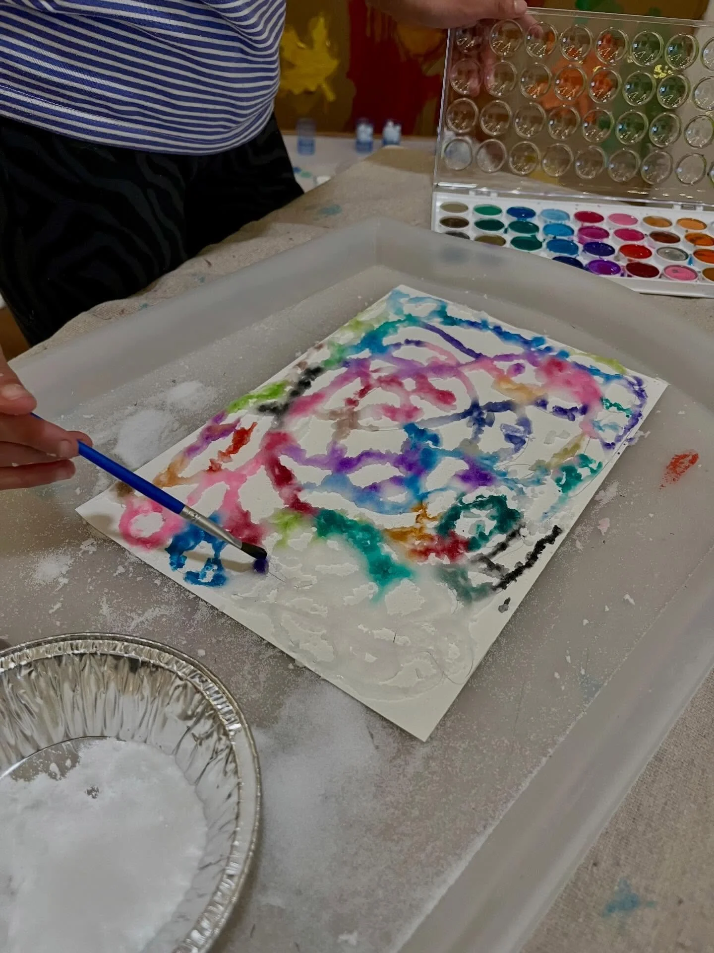 Our Afternoon Art Explorers (K-2nd graders) were excited to get back into the studio this week! We began with raised salt paintings, where children created a design with glue, poured salt on top, and then used watercolors to gently add color. This is