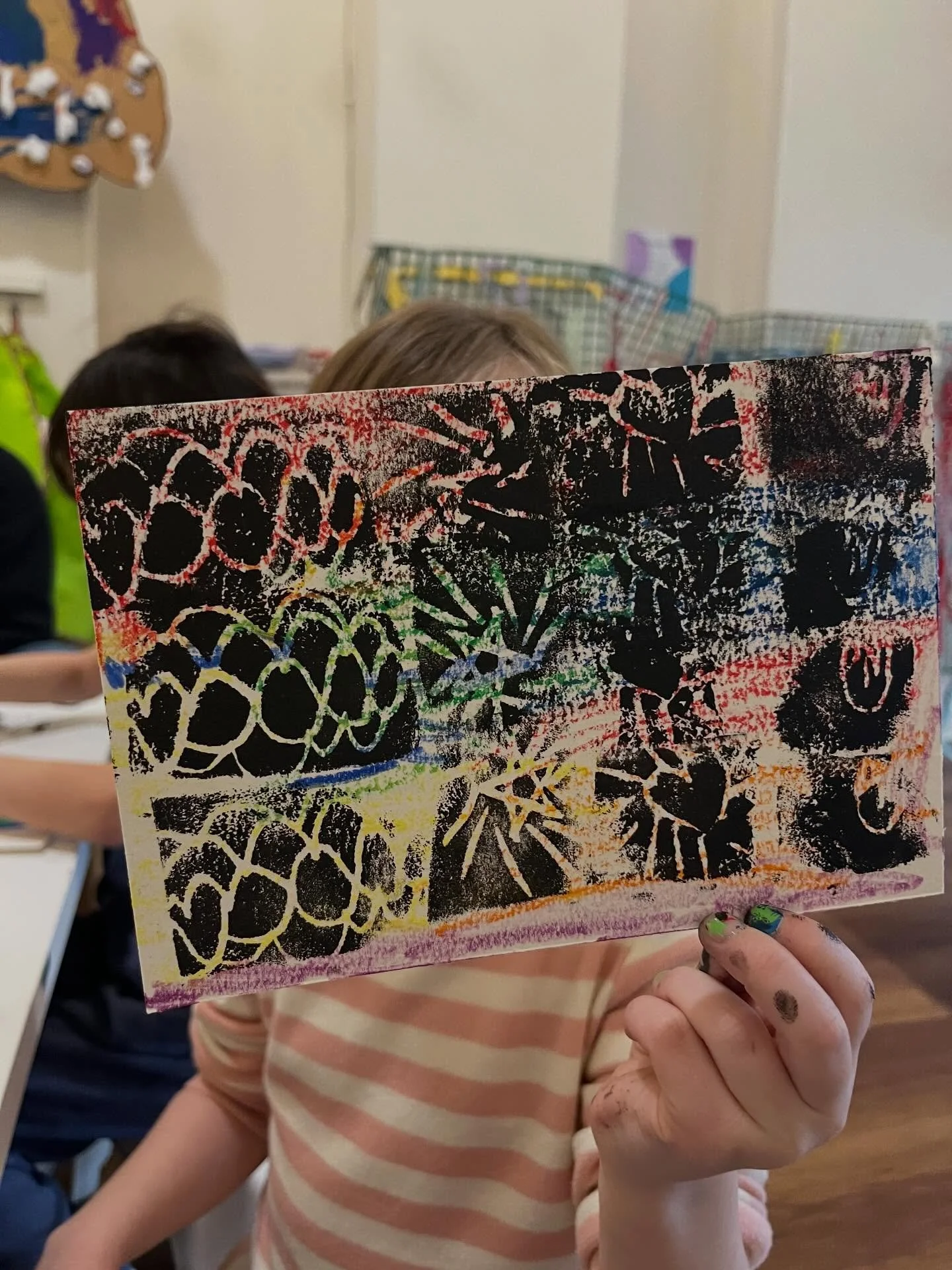 Children in Afternoon Art Explorers (K-2nd grade) experimented with a new type of printmaking! They covered paper by coloring with oil pastels and markers and then drew a design on foam sheets. They used brayers and block printing ink to transfer the