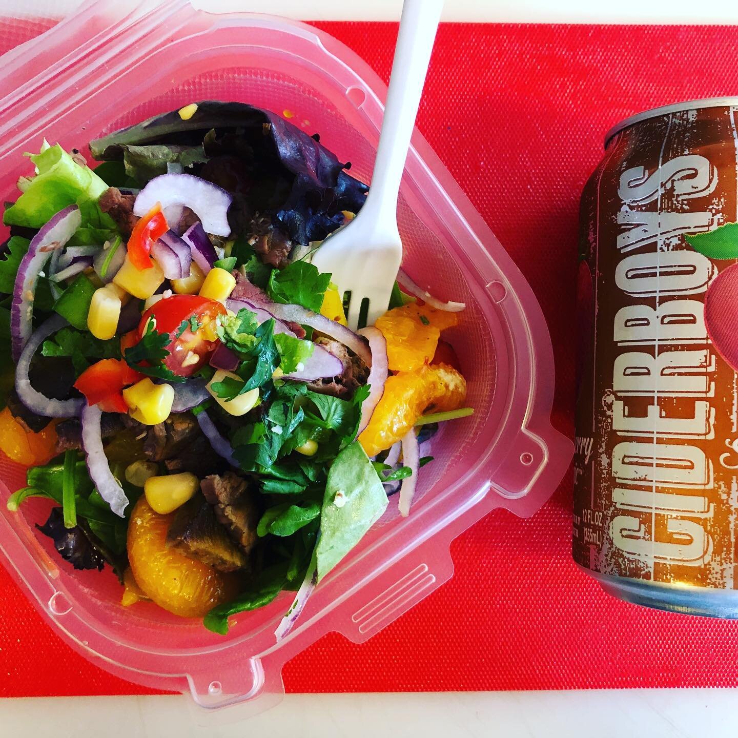 TGIF! Need a super quick and easy lunch? We&rsquo;ve got your back! How about a small Tritip salad for $6?  It&rsquo;s layered with our refreshing corn salad , red onions and mandarin oranges. Your choice of spicy or mild BBQ sauce. If you&rsquo;re l