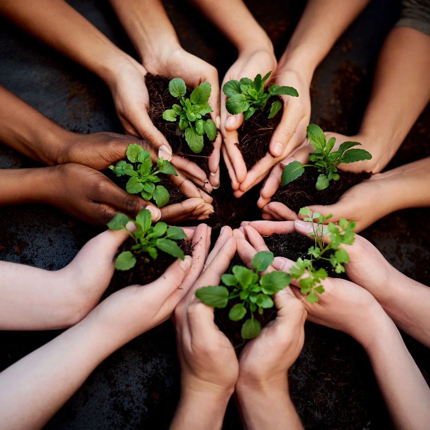 Group of diverse hands holding seedlings in soil, representing growth, self-help, and the supportive nature of coaching.
