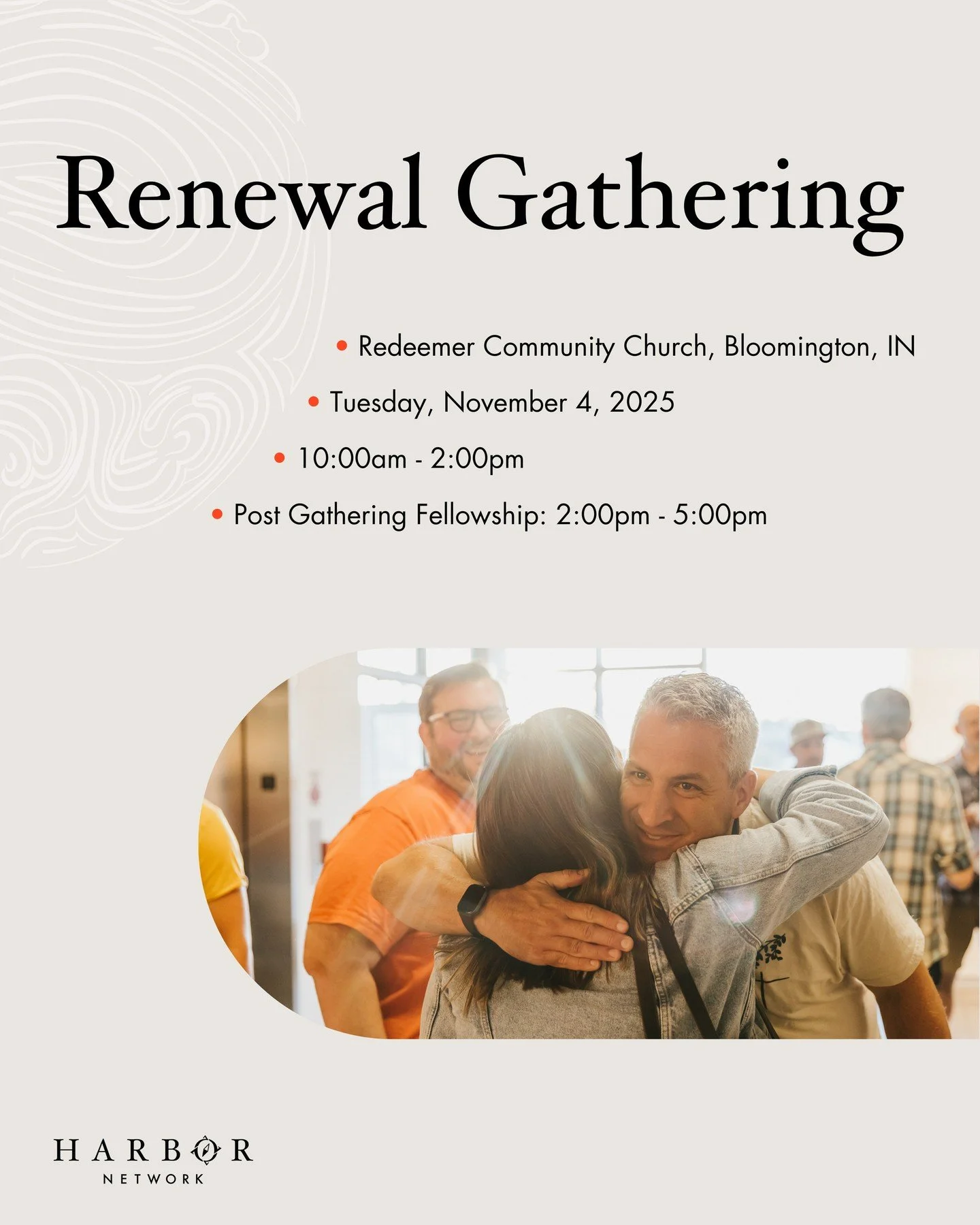 We&rsquo;d love for you to join us in Bloomington, IN for our next Renewal Gathering! 

These gatherings are simple but meaningful&mdash;a chance to slow down, connect, and be reminded of the hope we share in Christ. Whether you&rsquo;re part of a Ha
