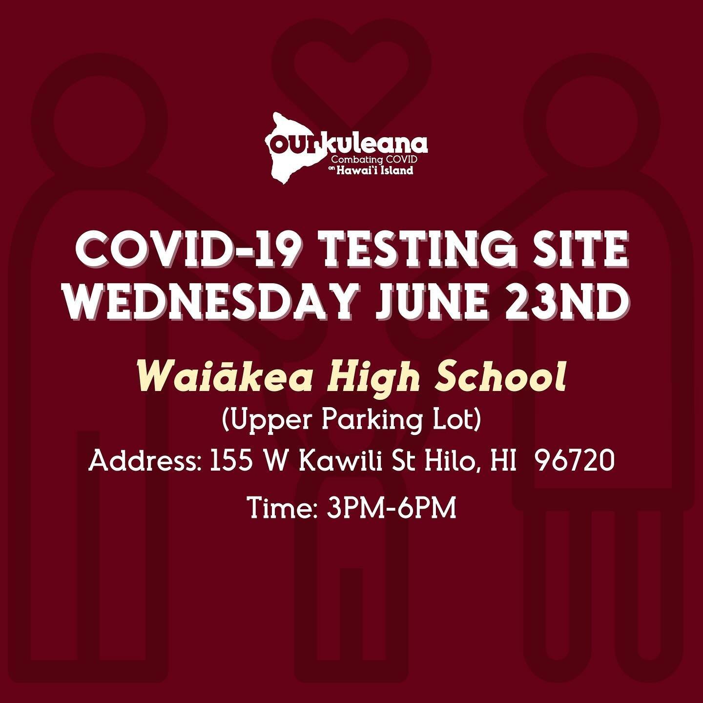 Community testing will be available tomorrow at Waiākea High School. If you have COVID symptoms or had close contact with someone with COVID please get tested. It&rsquo;s #ourkuleana to keep the community safe by stopping the spread.