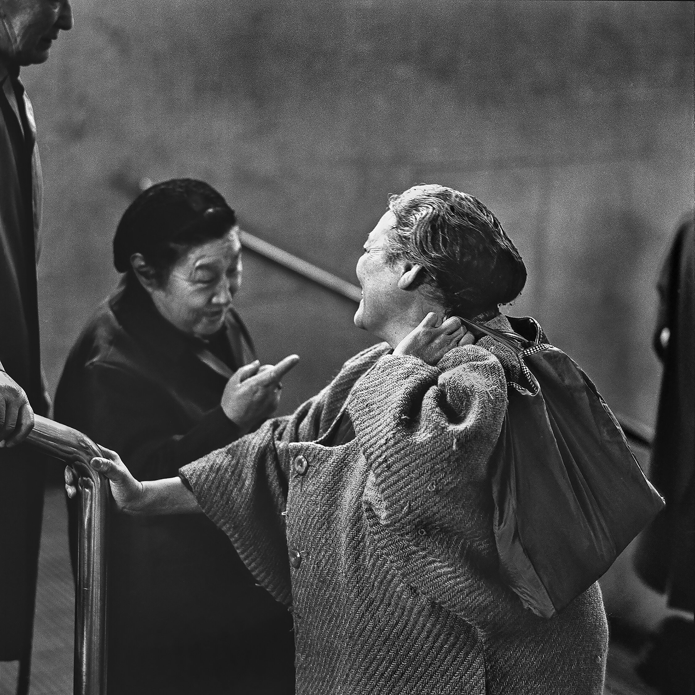 Old Friends on the steps of Kichijoji station, Musashino, Tokyo, April 1976.