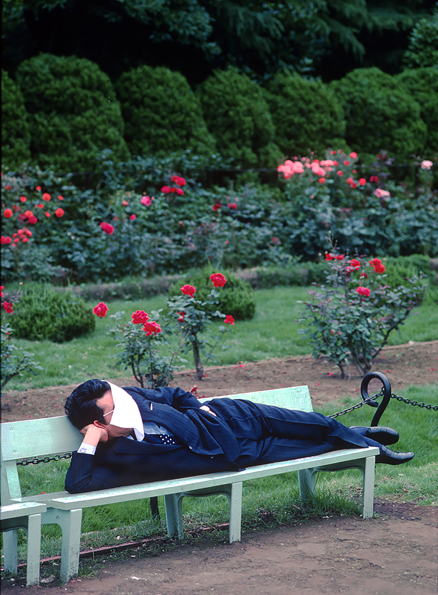Napping salaryman, Hibiya Park, Tokyo, 1978