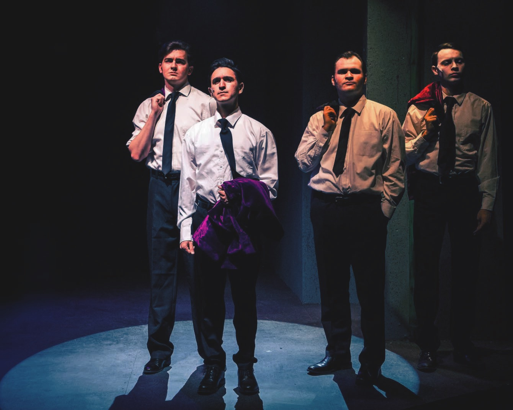 Jarrett Bloom as 'Bob Gaudio' with Nicky Kaider, Nolen Petrosky and Brian Records in "Jersey Boys" at the Cumberland Theatre in Cumberland Maryland (2025) Photo by Perk Hull. 