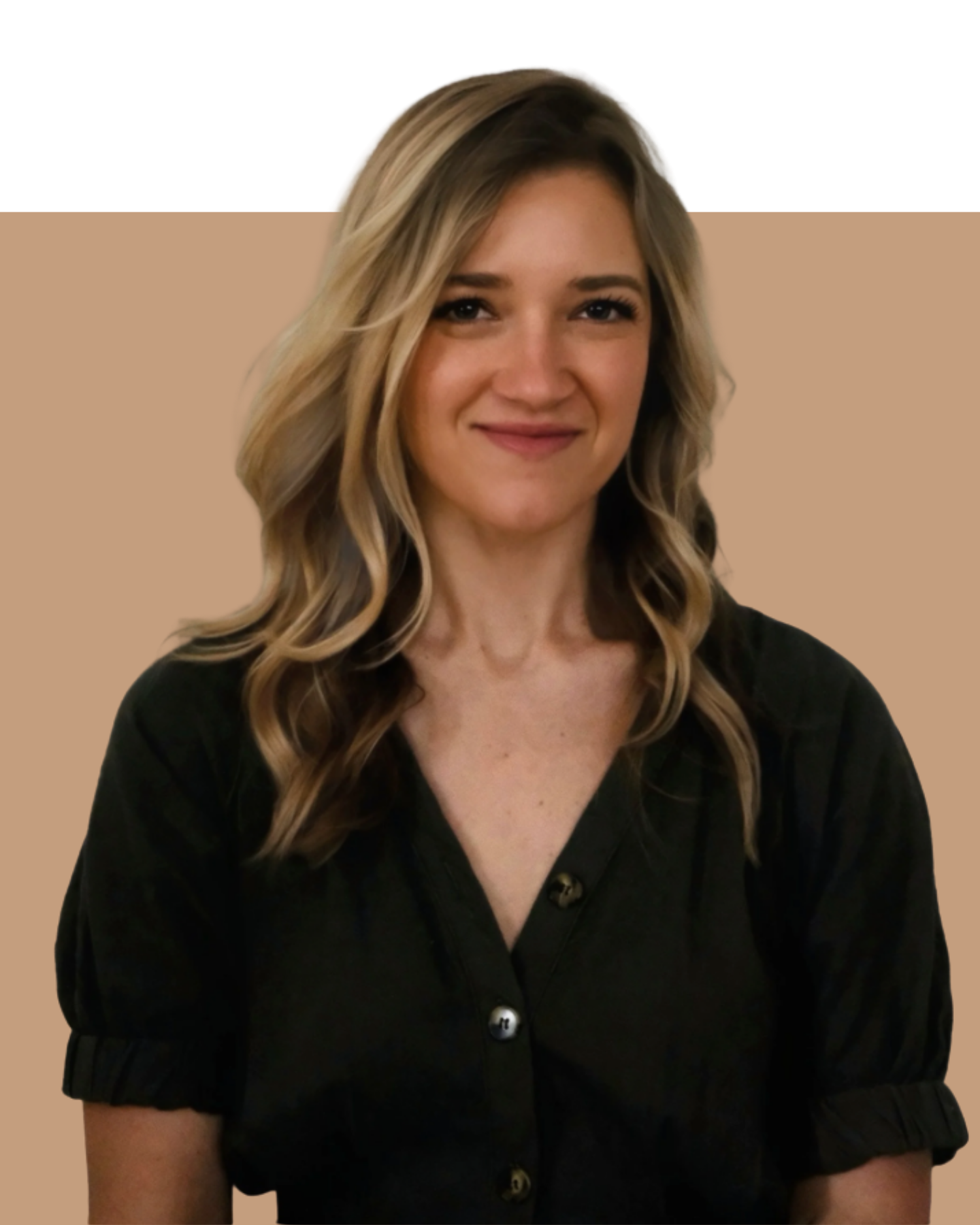 A woman with long, wavy blonde hair wearing a black button-up shirt smiling at the camera.
