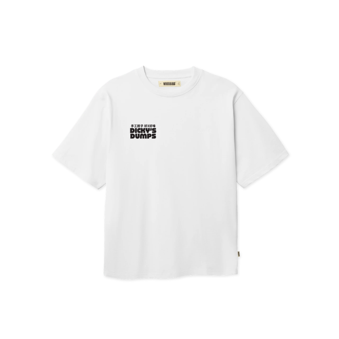 dicky's dumps merch tee logo on front of white premium woodbird tee