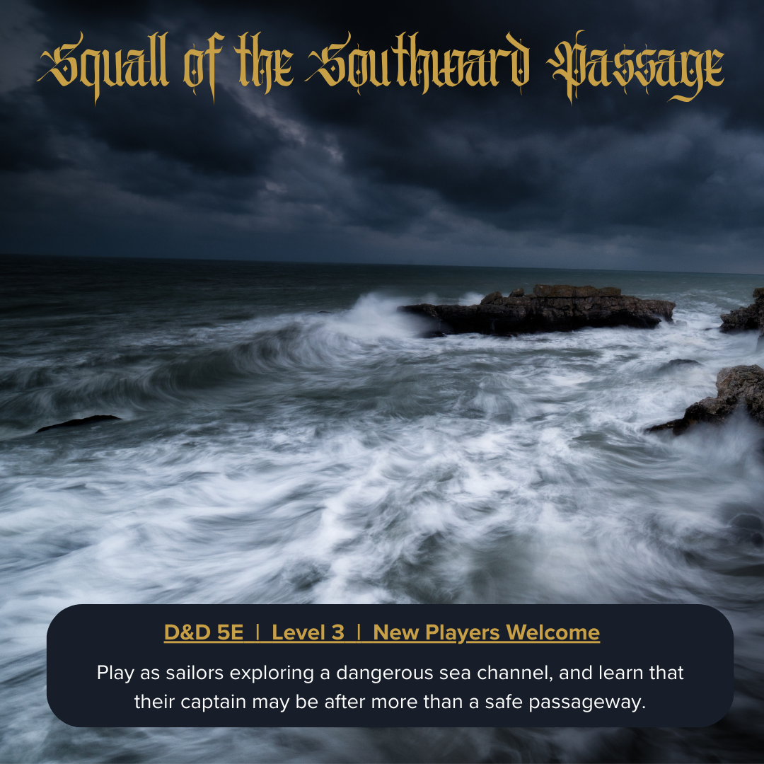 “Squall of the Southward Passage” a Standard One Shot in the D&D 5e system. Led by Rayne Whitington