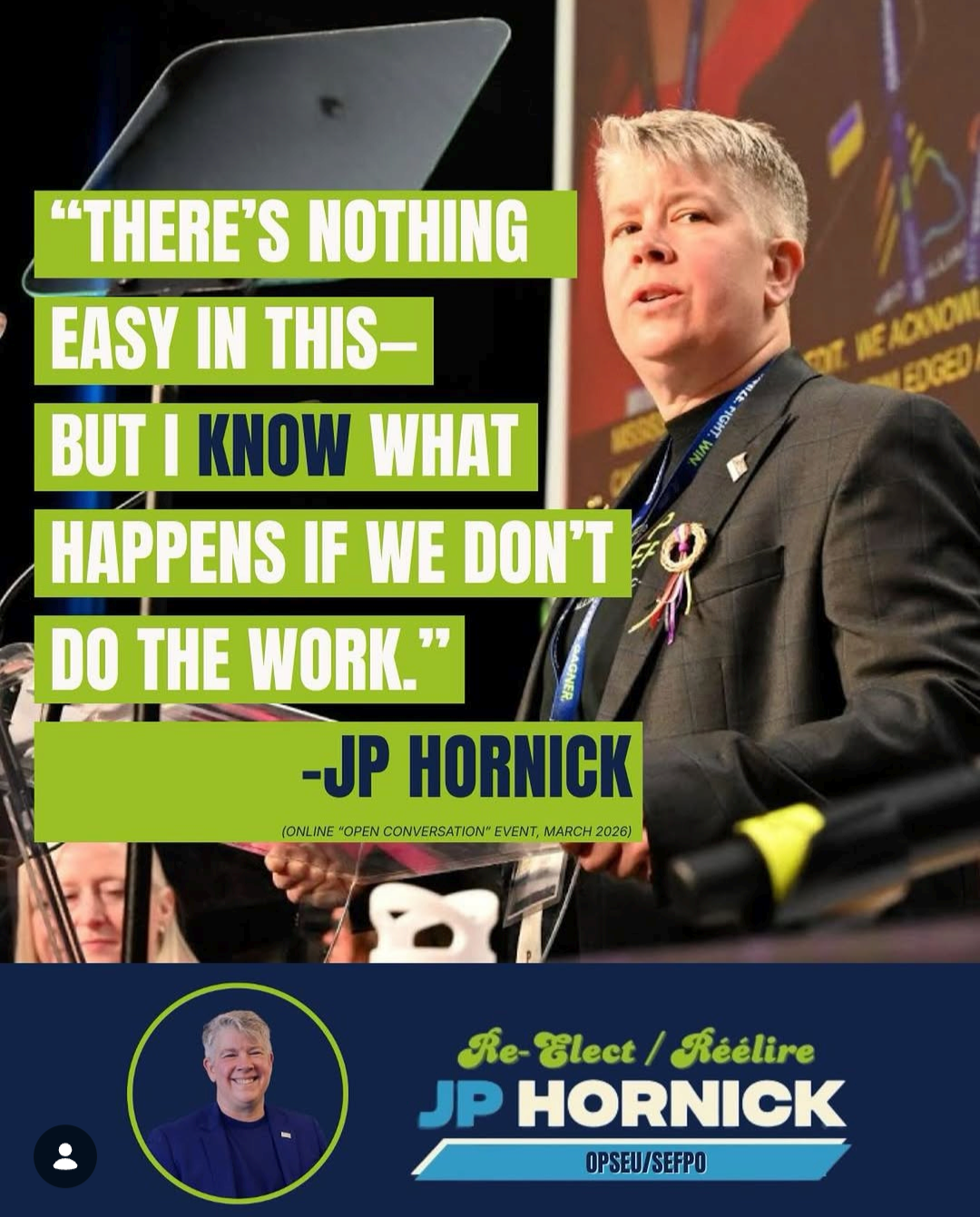 Screenshot of a post from  JP Hornick's campaign, featuring an image of JP at a podium and a pull quote over top. At the bottom, there is a banner with JP's election logo.