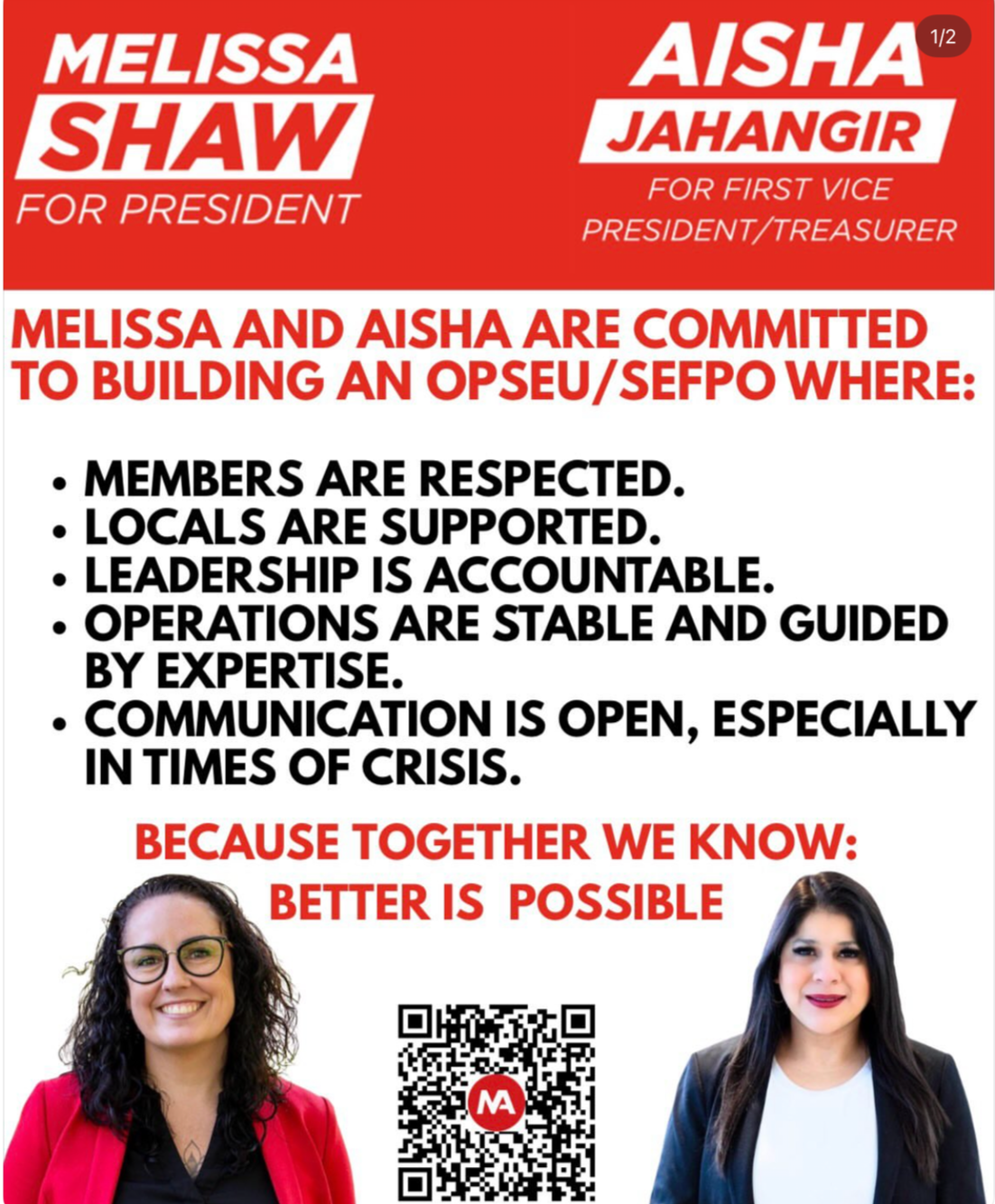 A screenshot of an instagram post from Melissa Shaw. The post is primarily bulleted text under a red banner with Melissa and Aisha's names on it. At the bottom are portraits of the candidates.