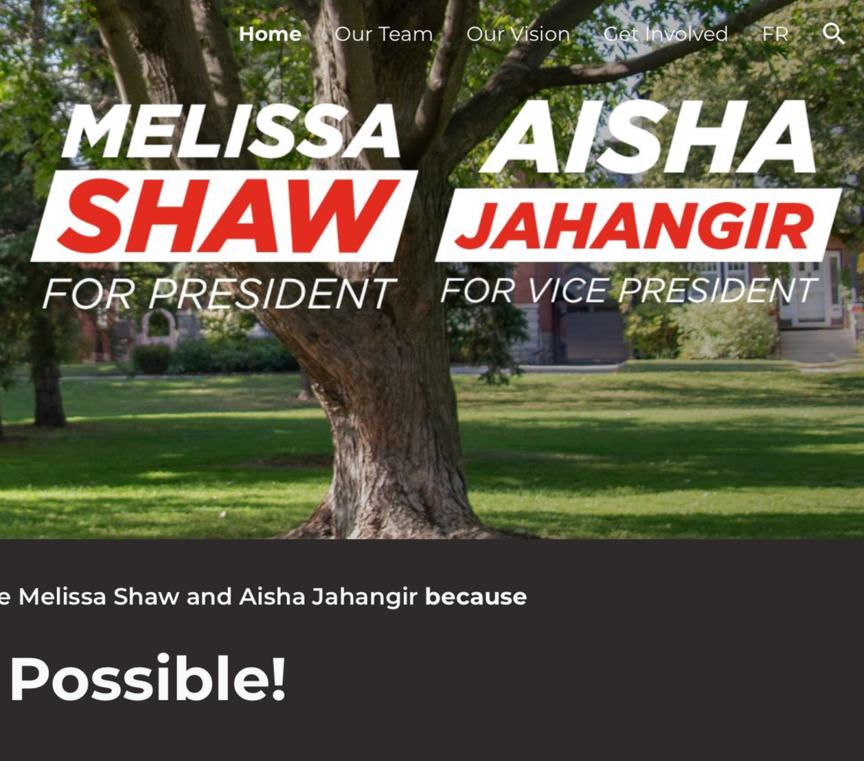 Screenshot of a section of Melissa Shaw's website. The navigation menu is white text overtop of an image of a park, making the text disappear.