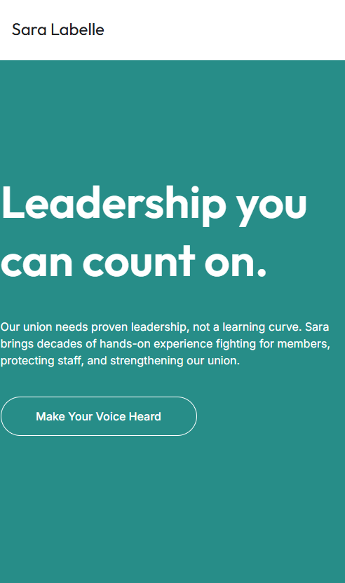 A screenshot of the landing page for Sara Labelle's website. It features white text on a teal background and the title "Leadership you can count on"