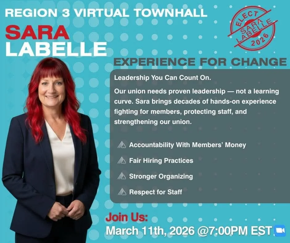 A promotional flyer from Sara Labelle's presidential campaign announcing a virtual townhall. The image includes a variety of sizes and colours of text and fails to meet WCAG minimums.