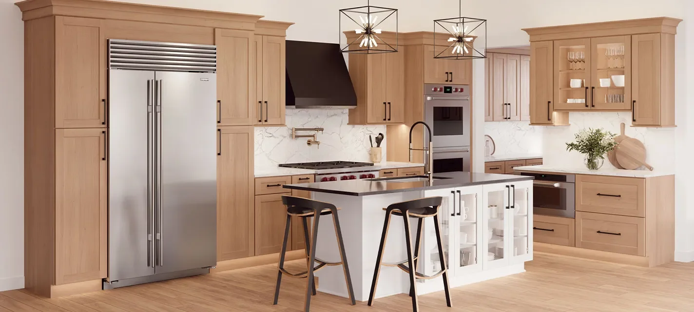Modern kitchen with wooden cabinetry, stainless steel appliances, an island with a sink, two barstools, pendant lighting, and a marble backsplash.