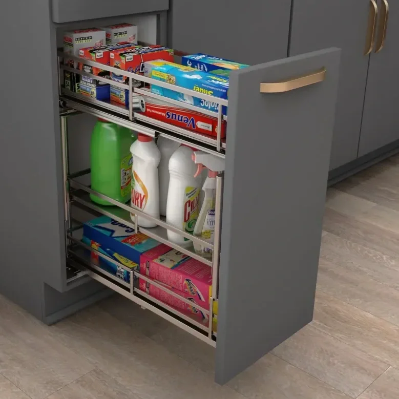 Open kitchen cabinet drawer containing cleaning supplies, including spray bottles, bleach, and cleaning cloths, with shelves of boxed cleaning products above.