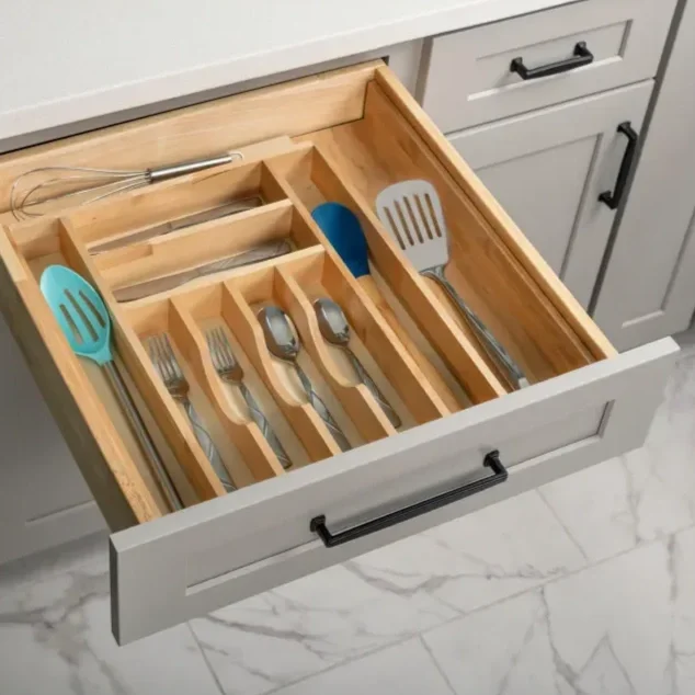 Kitchen drawer open showing utensil organizer with forks, spoons, spatulas, and tongs.