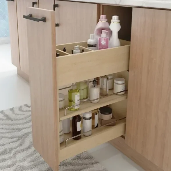 Open wooden cabinet drawer containing bottles of cleaning supplies and personal care products.