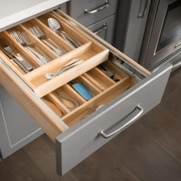 Open kitchen drawer containing utensils, a box cutter, a chain, and a blue item, with a wooden organizer separating the utensil compartments.