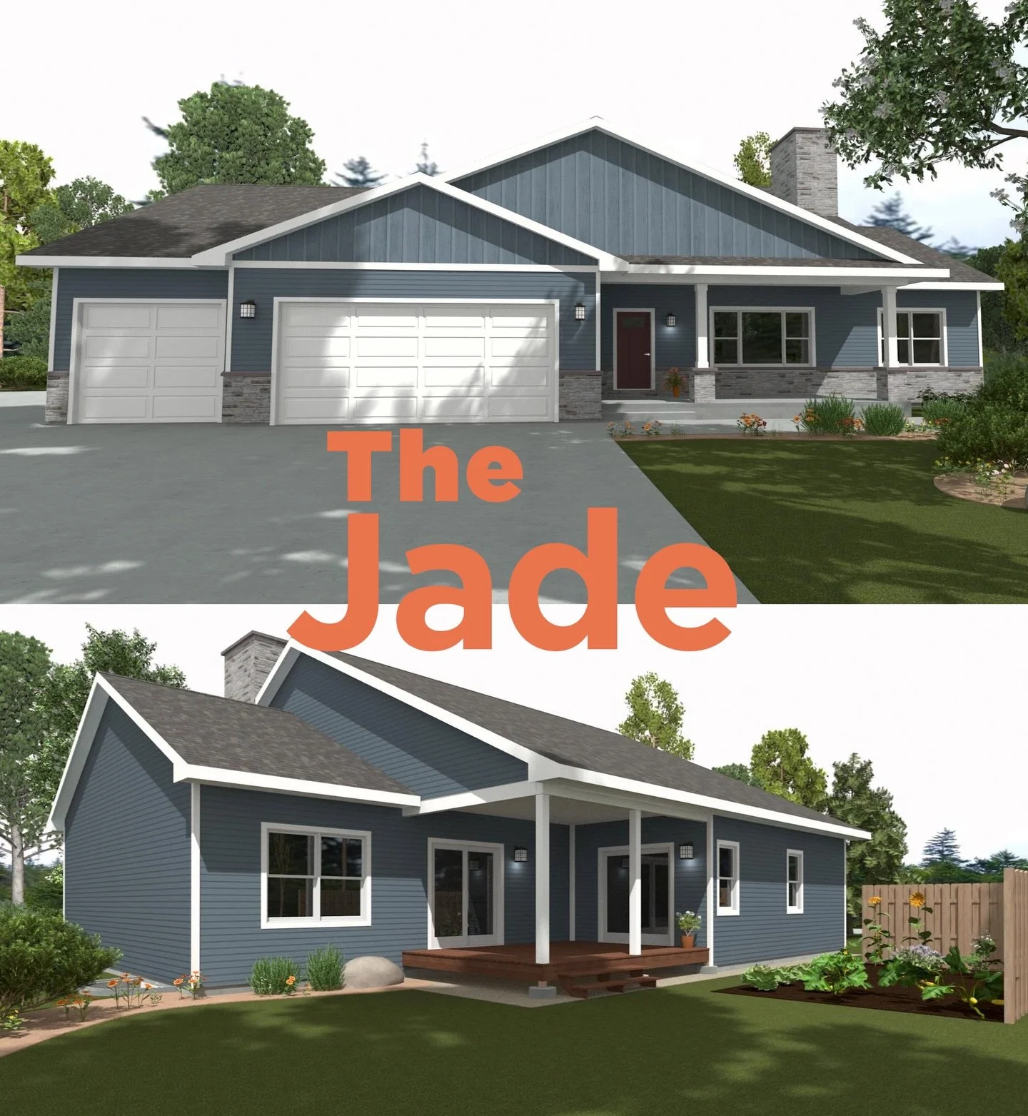 The Jade is a flexible 2-bed, 2.5-bath home with a bonus room that can serve as an office or third bedroom. It features an open-concept living area, modern kitchen, private owner&rsquo;s suite with deck access, spacious laundry, and a 3-car garage wi