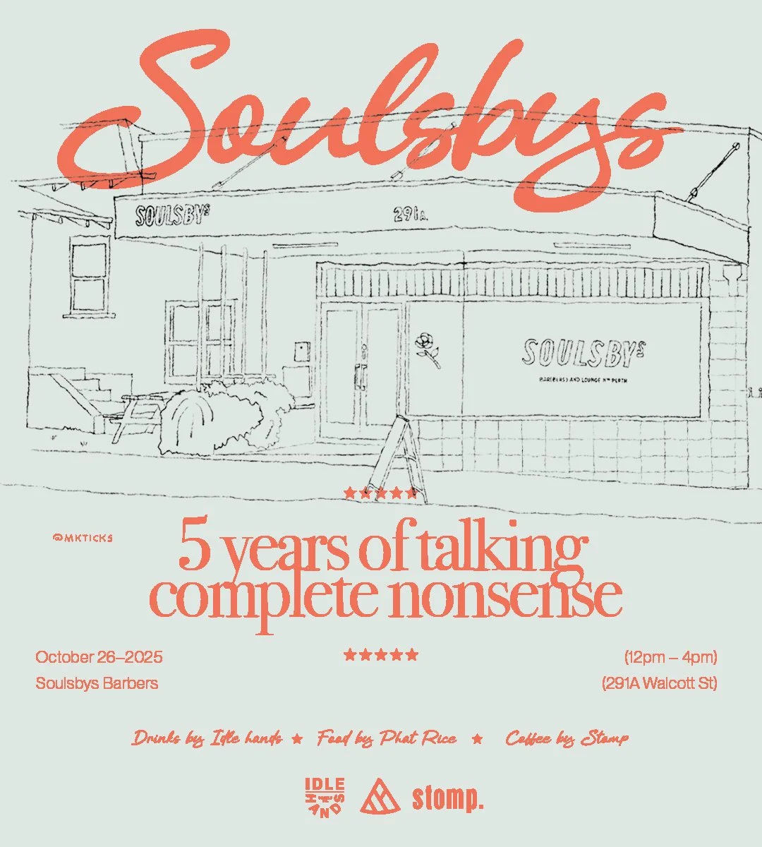 This week marks 5 years of talking of complete nonsense.

On Sunday, October 26th we are throwing a carpark shindig to celebrate! 🎉

We are so excited to have some friends join us for the day. 🤝

Food by @phatrice.au 🍙
Coffee from @stompcoffee ☕
D