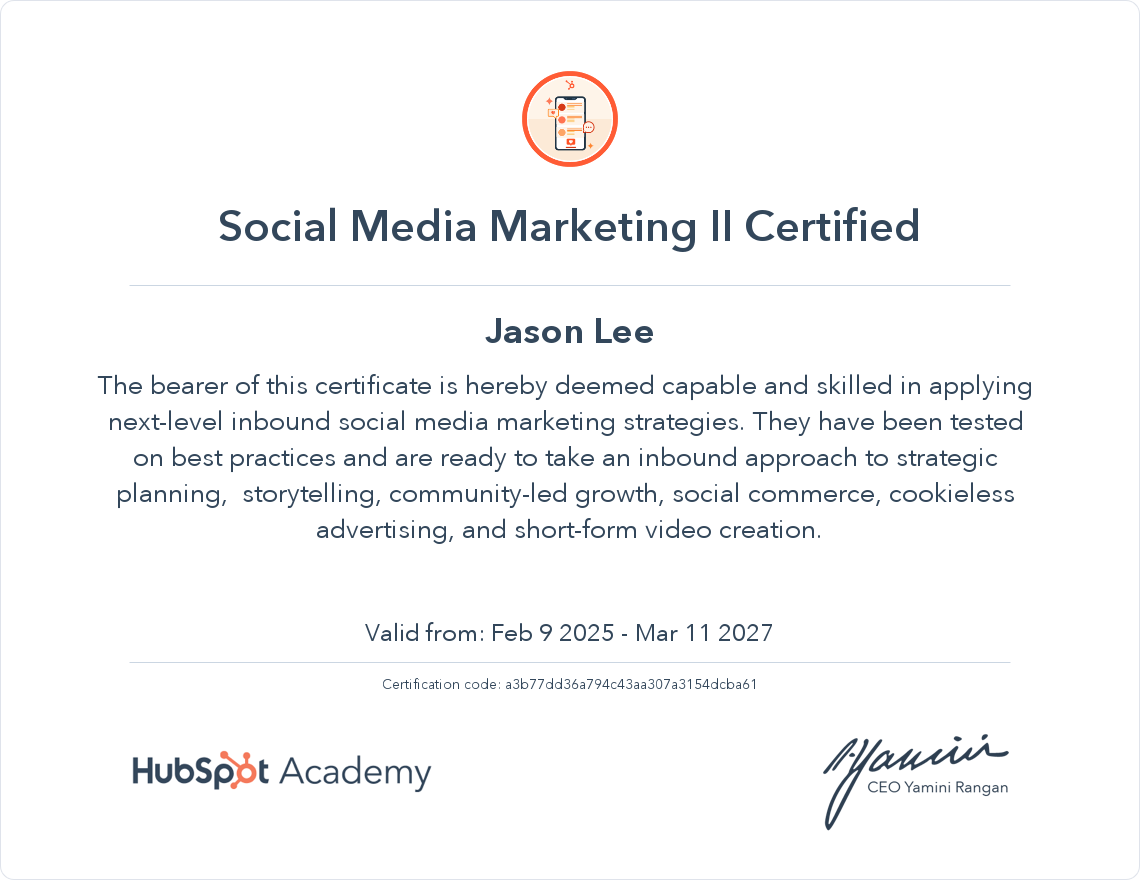 Jason Lee Social media marketing II certification by HubSpot Academy