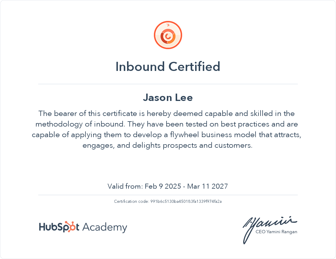 Jason Lee Inbound Certification by HubSpot Academy