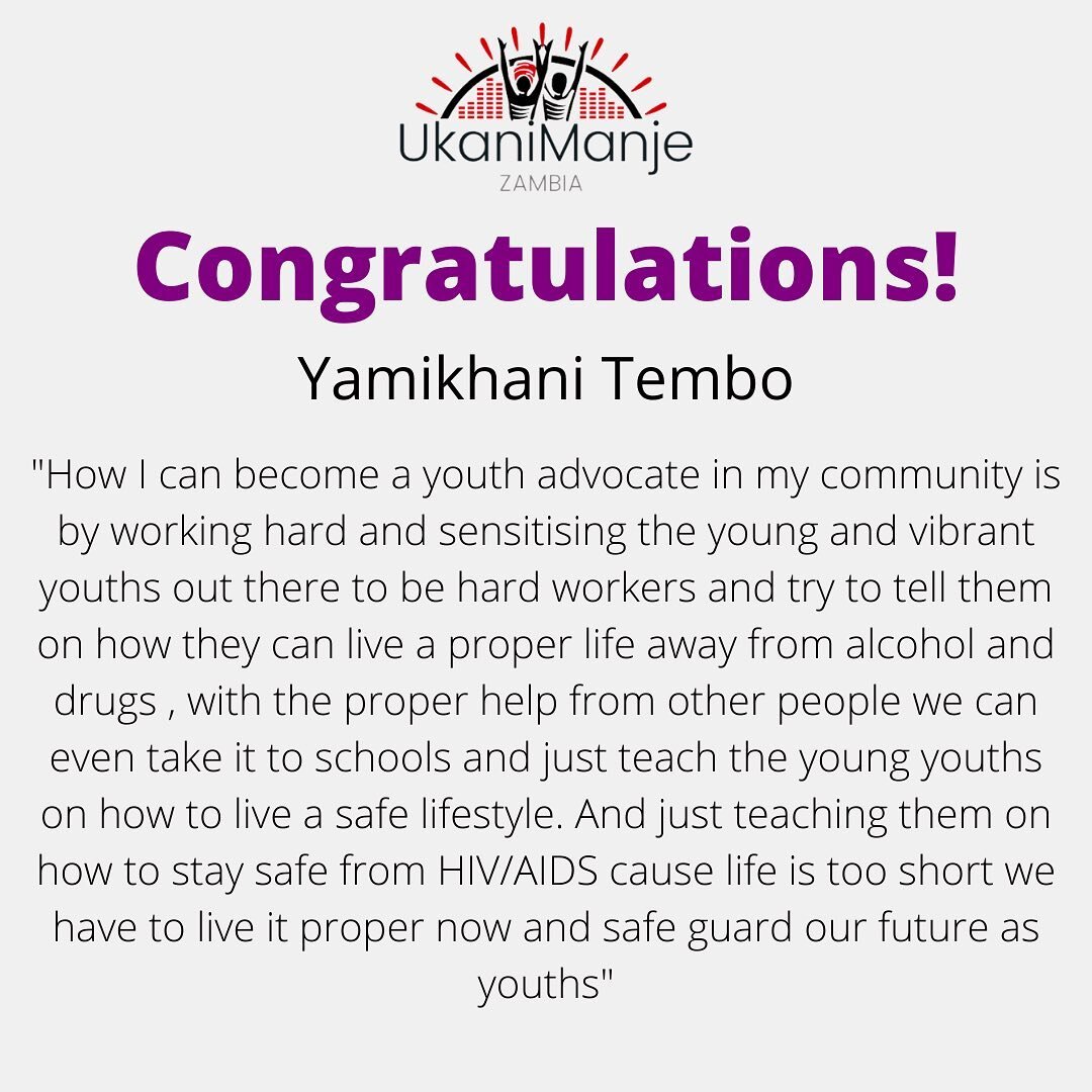 Congratulations Yamikhani! 

Thank you for sharing your answer on how YOU can be a youth advocate in your community.

Please message our facebook page to make arrangements for your UkaniManje t-shirt! 

#UkaniManje #WakeUp #TimeisNow #Zambia #Zambian