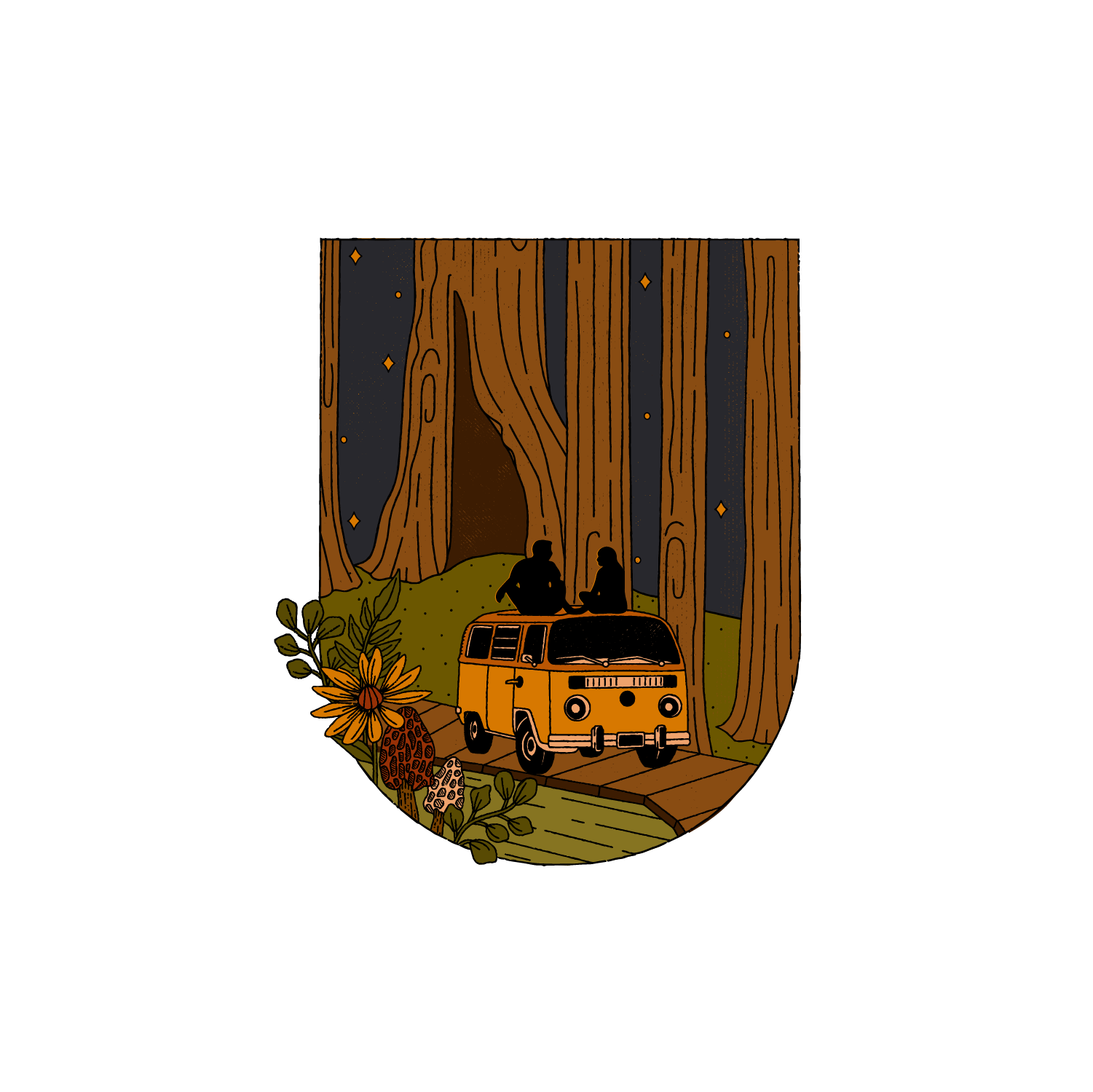 Illustration of a yellow camper van parked in a lush forest at night with two people sitting on the van's roof, surrounded by trees, flowers, and mushrooms.