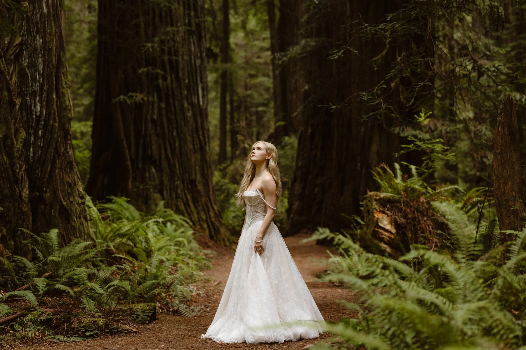 A woman in a white wedding dress walking through a dense forest with tall trees and green ferns.